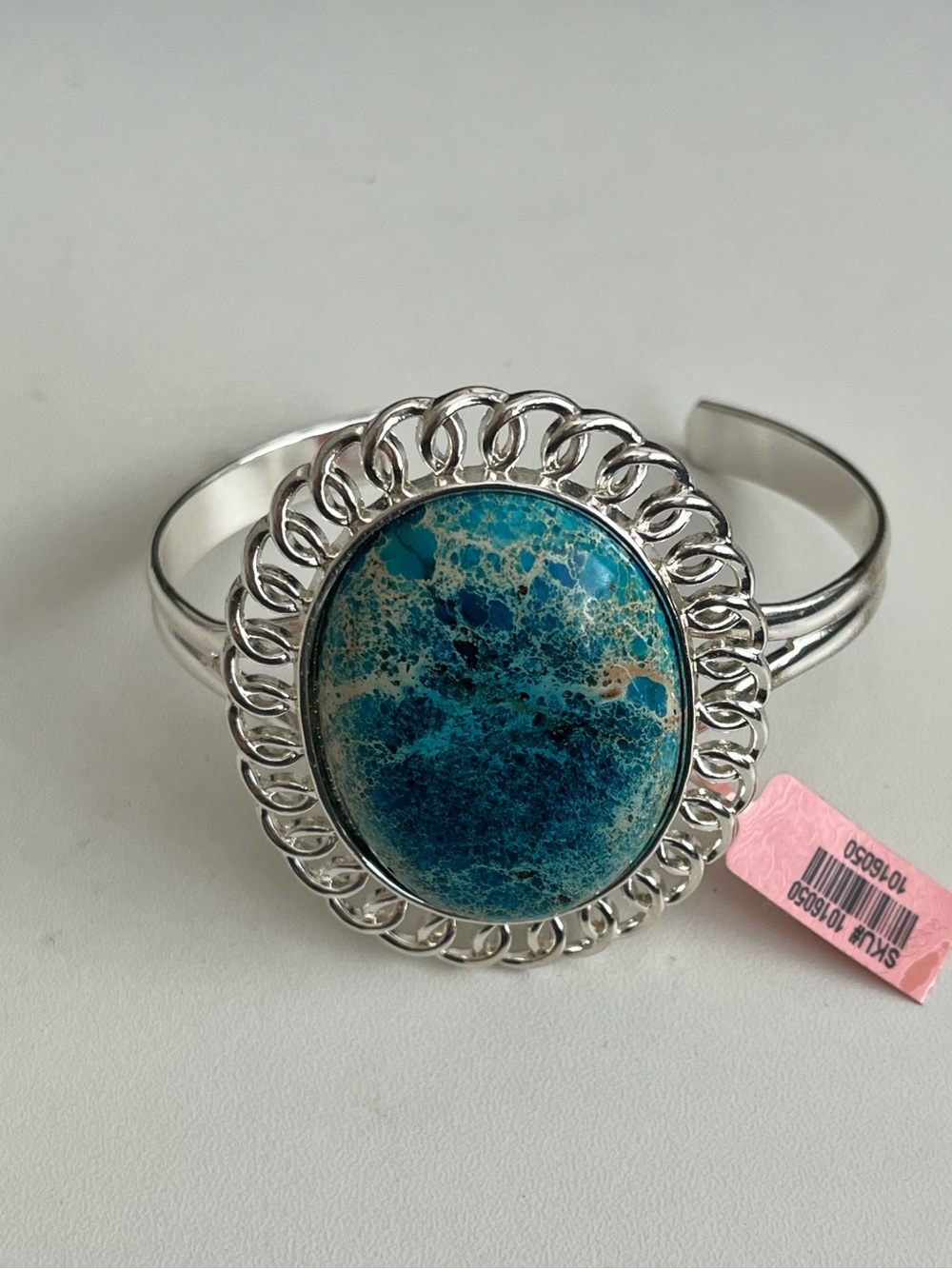 New large blue stone cuff silver tone bracelet